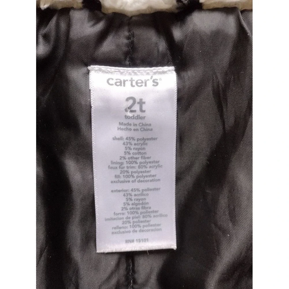 Carters‎ Toddler Girls Black Speckled Duffle Coat Faux Fur Hood Size 2T